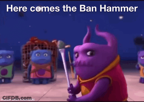 Purple Character Holding Wand Here Comes The Ban Hammer GIF