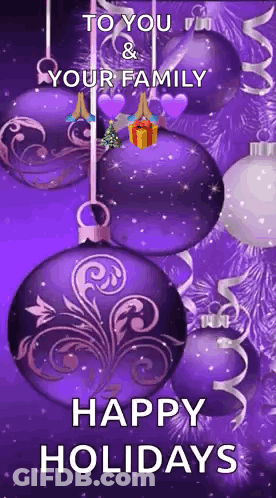 Purple Christmas Card With Ornaments And Happy Holidays GIF