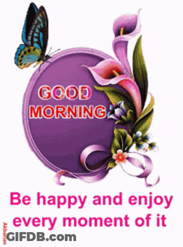 Purple Circle With Flowers And Butterfly Good Morning GIF
