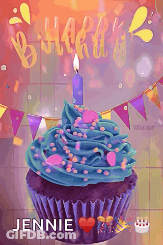 Purple Cupcake With Blue Frosting And Jennie Candle GIF