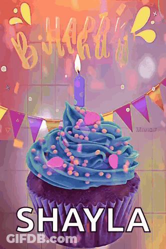 Purple Cupcake With Blue Frosting And Lit Candle Shayla GIF