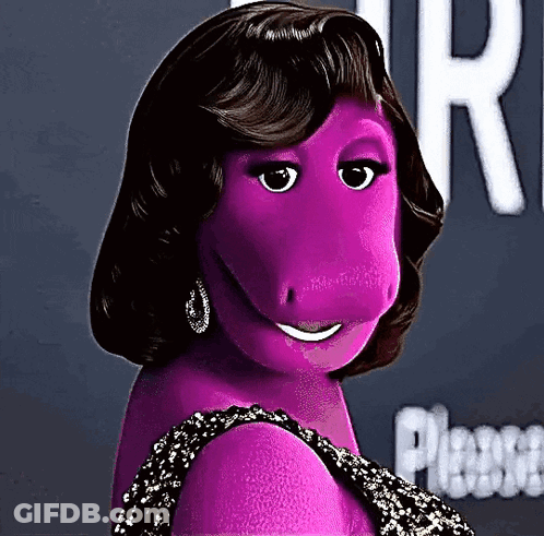 Purple Dinosaur In Dress And Earrings GIF