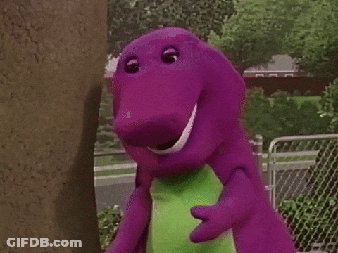Purple Dinosaur Laughing Beside Tree GIF