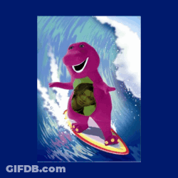 Purple Dinosaur Surfing A Wave GIF