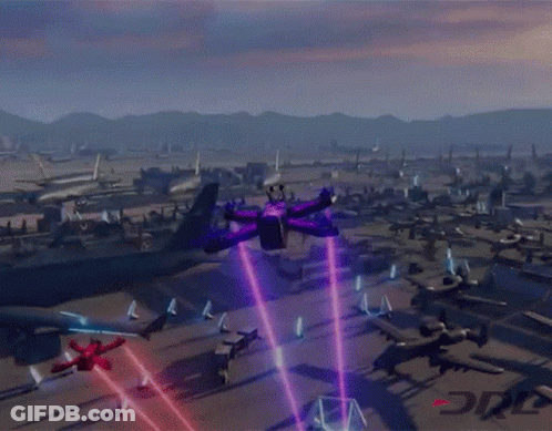 Purple Drone Flying Over Airport With JVC Letters GIF