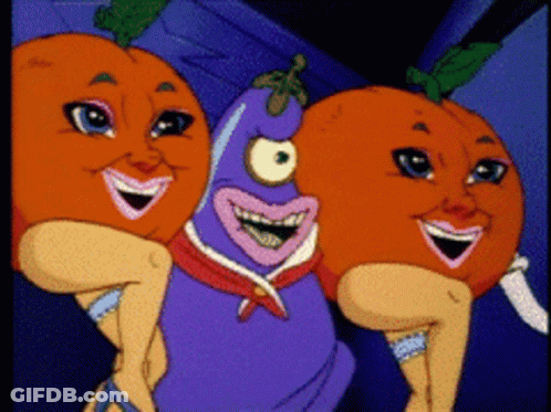 Purple Eggplant And Two Oranges With Faces GIF