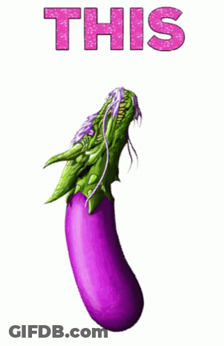 Purple Eggplant With Green Dragon Head Saying This GIF