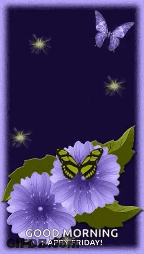 Purple Flower With Butterfly And Good Morning GIF