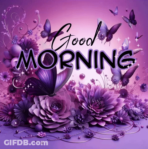 Purple Flowers And Butterflies Good Morning GIF