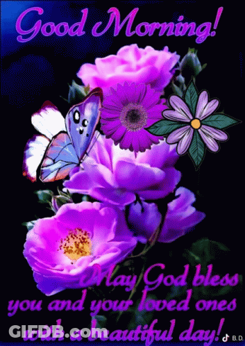 Purple Flowers And Butterfly May God Bless You GIF