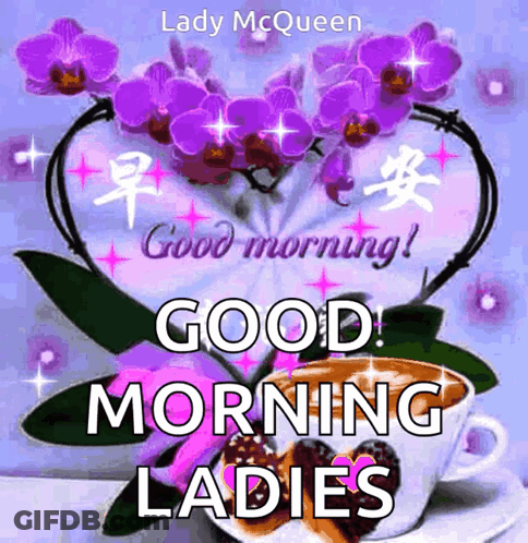 Purple Flowers And Cup Of Coffee Good Morning Ladies GIF