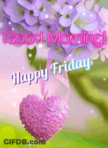 Purple Flowers And Pink Heart Saying Good Morning Happy Friday GIF