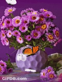 Purple Flowers In A Vase With A Butterfly GIF