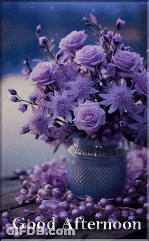 Purple Flowers In Vase Saying Good Afternoon GIF
