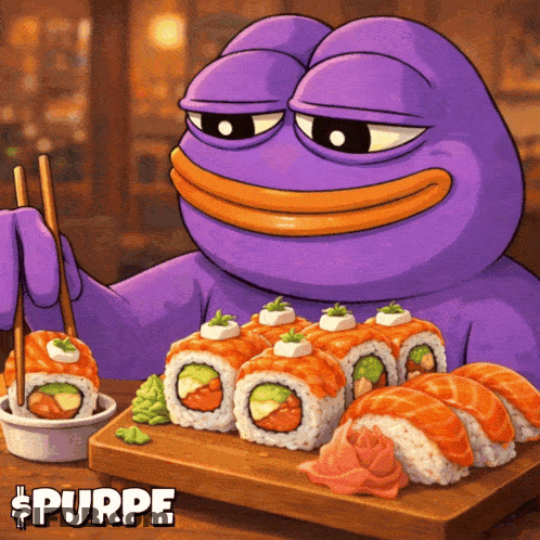 Purple Frog Holding Chopsticks Over Sushi Rolls GIF