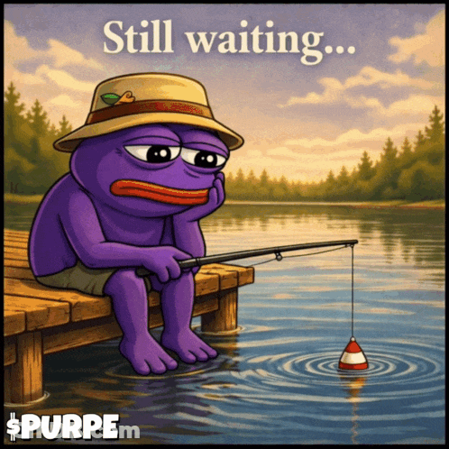 Purple Frog Holding Fishing Rod Still Waiting GIF