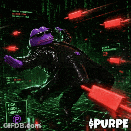 Purple Frog Holding Red Object In Front Of $ Purpe Sign GIF