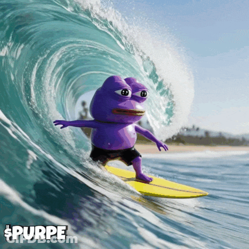 Purple Frog Riding Wave On Surfboard With Word Purpe GIF