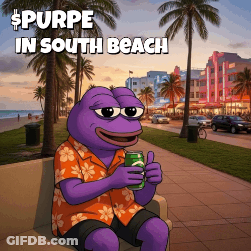 Purple Frog Sitting On Couch Holding Soda Purpe In South Beach GIF