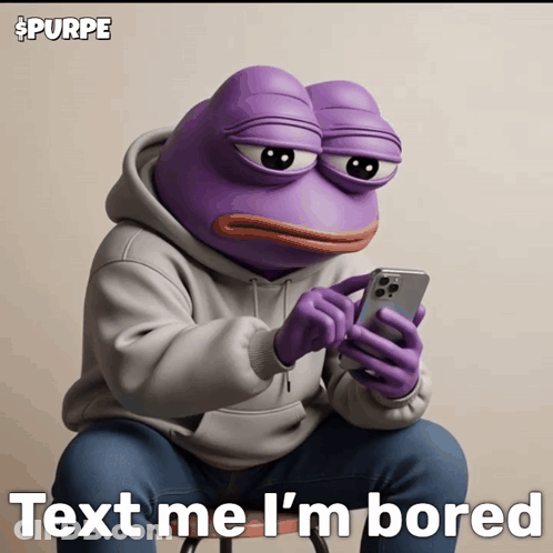 Purple Frog Sitting On Stool Looking At Phone Saying Me I'm Bored GIF