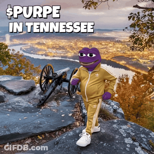 Purple Frog Standing On Rock In Front Of Cannon Saying Spurpe In Tennessee GIF