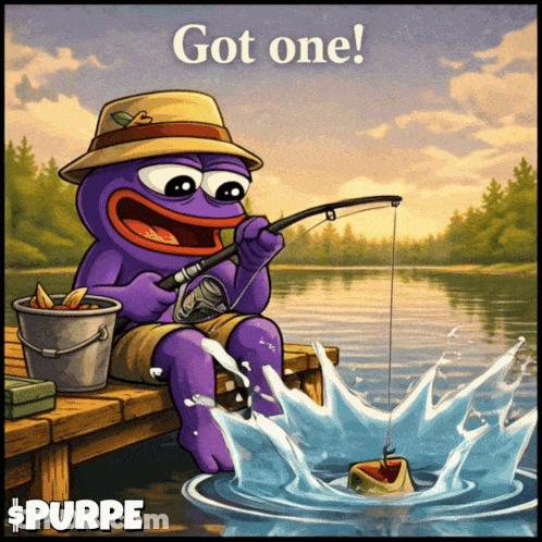 Purple Frog Still Waiting Holding Fishing Rod GIF