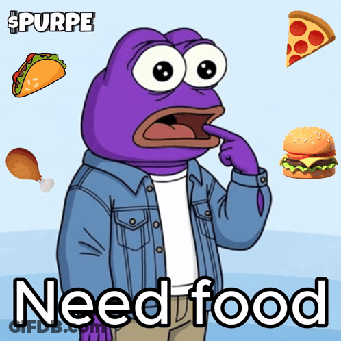 Purple Frog Surrounded By Food Saying Need Food GIF