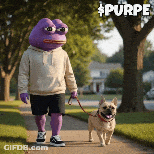 Purple Frog Walking Dog On Leash GIF
