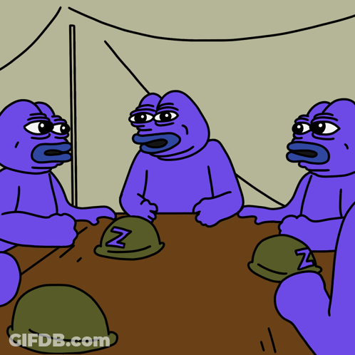 Purple Frogs Around Table With Green Helmet Saying Z GIF