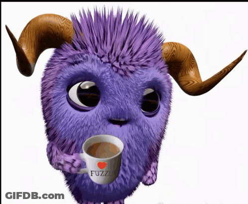 Purple Furry Creature With Horns Holding Mug Saying Fuzz GIF