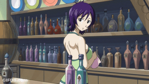 Purple Hair Girl Before Shelf Of Bottles With A GIF