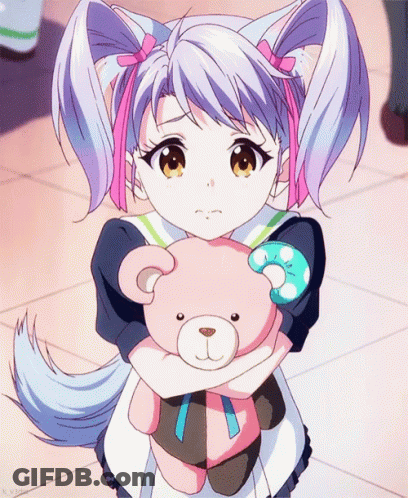 Purple Hair Girl Holding Pink Teddy Bear And Donut GIF