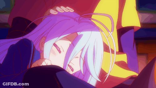 Purple Hair Girl Laying Down, Man Holding Head GIF