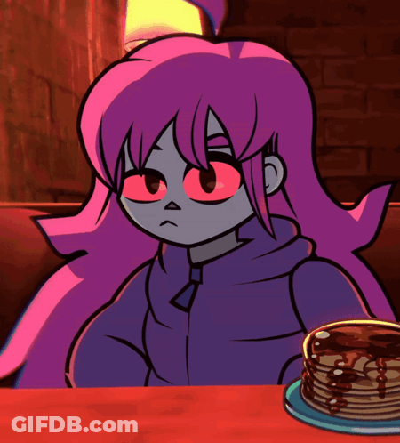 Purple Hair Girl With Red Eyes And Pancakes GIF