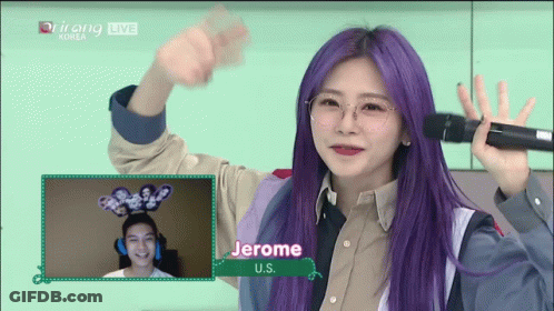 Purple Hair Woman Holding Microphone At Jerome Sign GIF