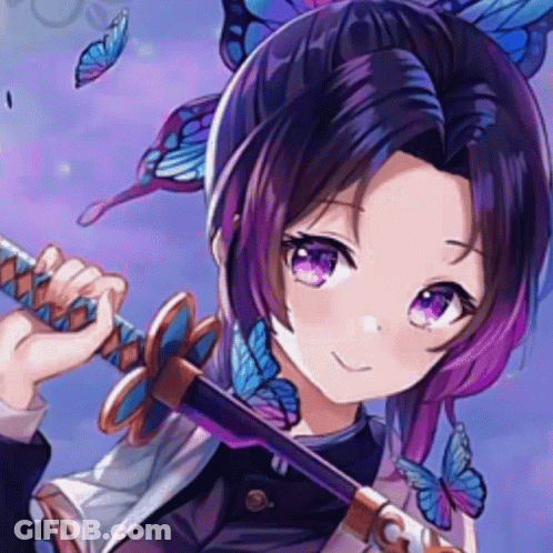 Purple Haired Anime Girl Holding Sword With Butterflies GIF