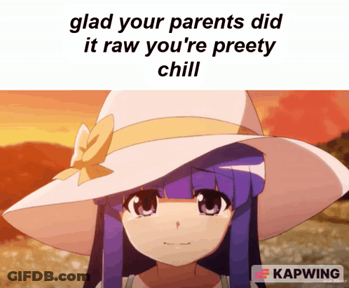 Purple Haired Anime Girl With White Hat Glad Your Parents Did It Raw You're Pretty Chill GIF