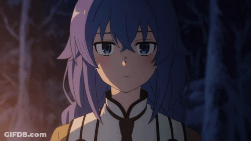 Purple-Haired Blue-Eyed Girl Hands On Chest GIF