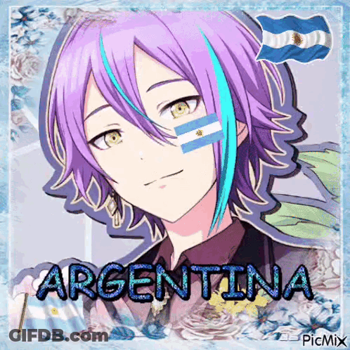 Purple-Haired Boy With Argentina Flag And Blue Streaks GIF