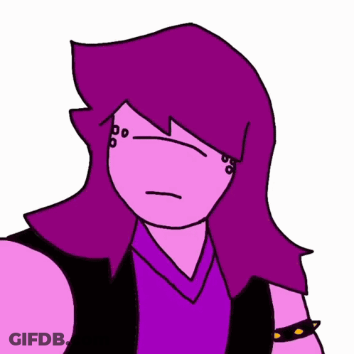 Purple Haired Cartoon Character In Black Vest And Earrings GIF