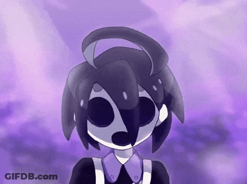 Purple-Haired Cartoon With Black Eyes In Purple Sky GIF