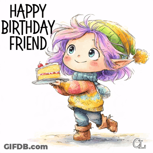 Purple Haired Girl Holding Cake Saying Happy Birthday Friend GIF
