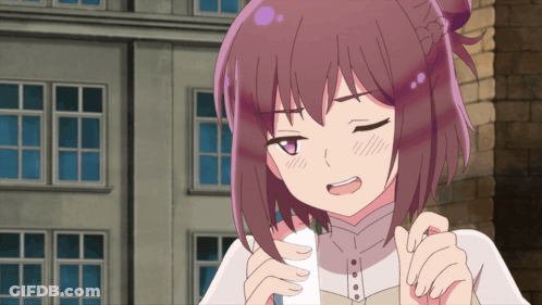 Purple Haired Girl In Front Of Brick Building GIF