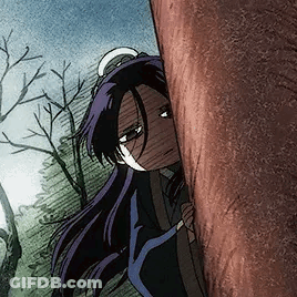 Purple-Haired Girl Peeking From Behind Tree GIF