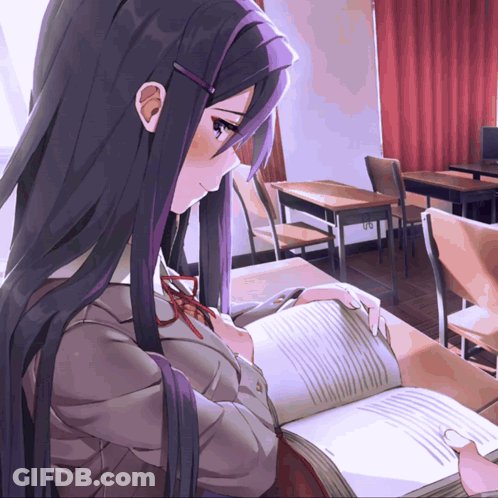 Purple Haired Girl Reading In Classroom GIF