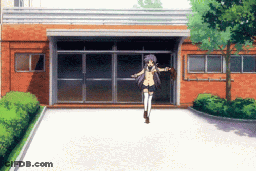 Purple-Haired Girl Running By Orange Building GIF
