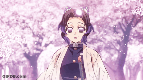 Purple-Haired Girl Standing By Flowering Tree GIF