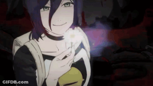 Purple-Haired Girl With Green Eyes Holding Flower GIF