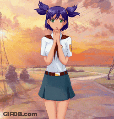 Purple-Haired Green-Eyed Girl White Shirt And Blue Skirt GIF