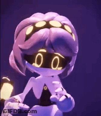 Purple Haired Masked Character On Purple Background GIF